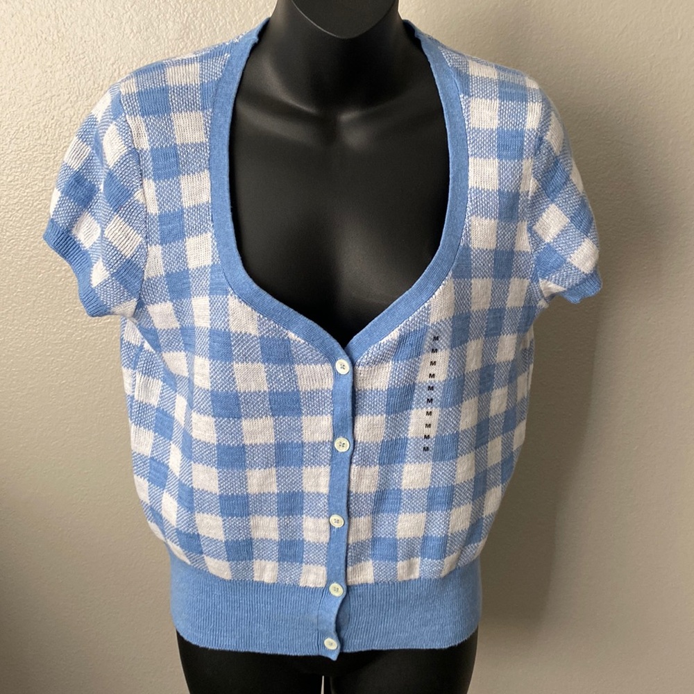Polo Ralph Lauren Baby Blue/White Short-Sleeve Checkered Sweater M, NWT